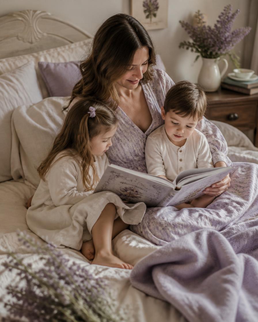Mamá leyendo un cuento con sus dos hijos en la cama